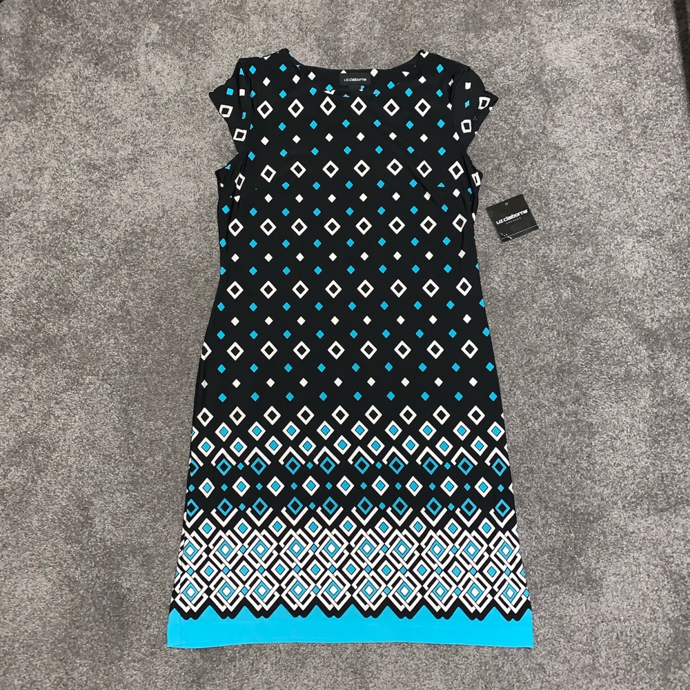 Liz Claiborne | Dress "Black Aqua" Diamond Print Knee-Length Women’s Small NWT!